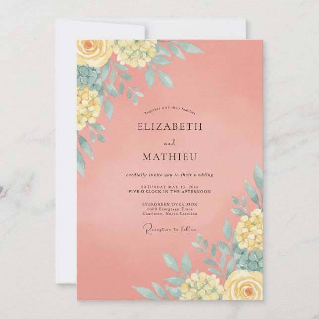 Invitación Boda Pintada con Flor Silvestre de Coral (Anverso)