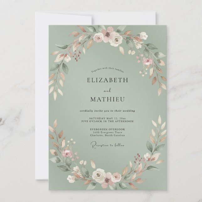 Invitación Boda Pintada con Follaje Celadón (Anverso)