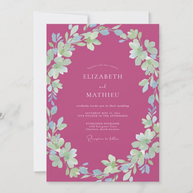 Invitación Boda Pintada con Hojas Magenta de Prado (Anverso)