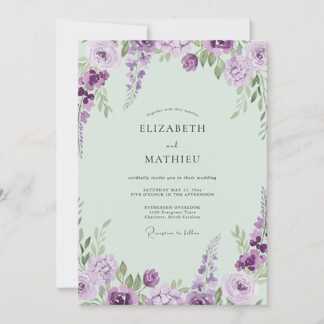 Invitación Boda Pintada con Lavanda Suave y Menta (Anverso)