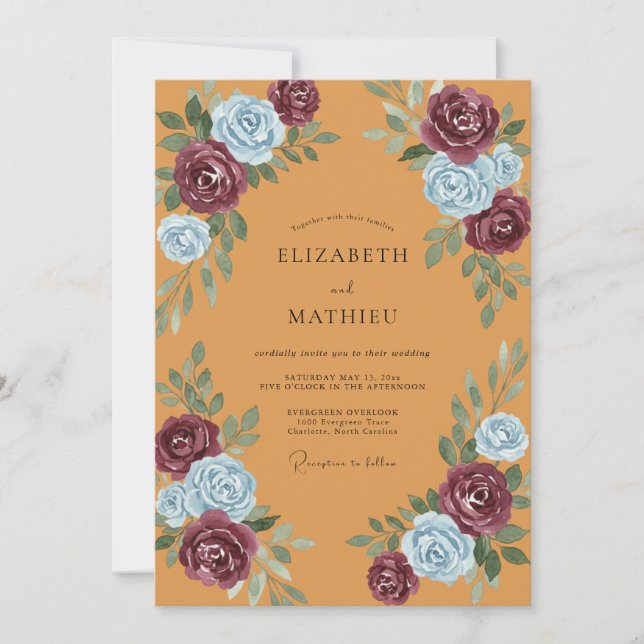 Invitación Boda Pintada con Mostaza Tropical y Ciruela (Anverso)