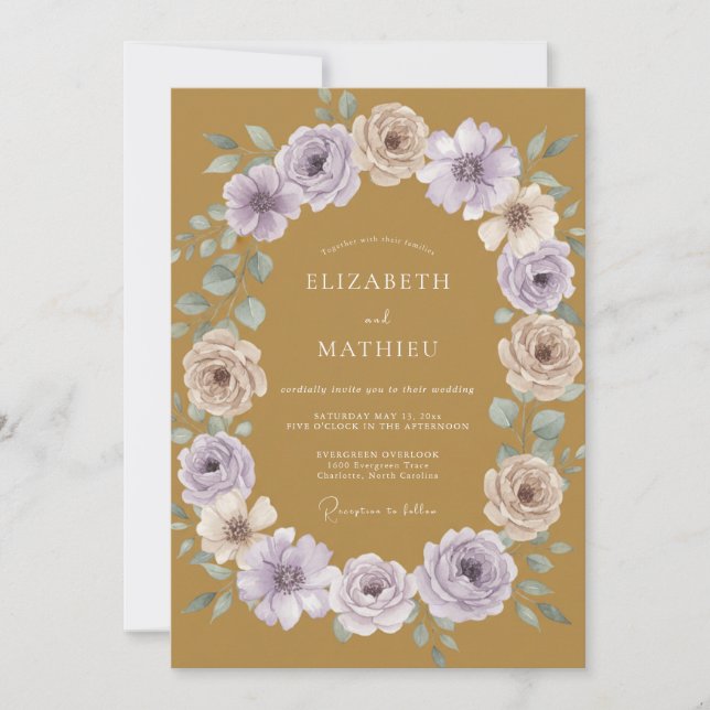 Invitación Boda Pintada con Ocra y Lavanda (Anverso)