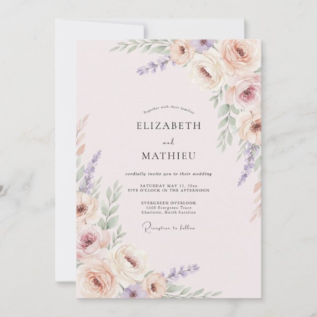 Invitación Boda Pintada con Rosa y Lavanda (Anverso)