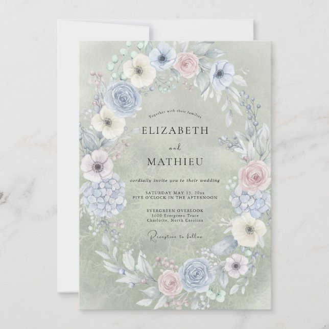 Invitación Boda Pintada con Suave Camapña y Periwinkle (Anverso)