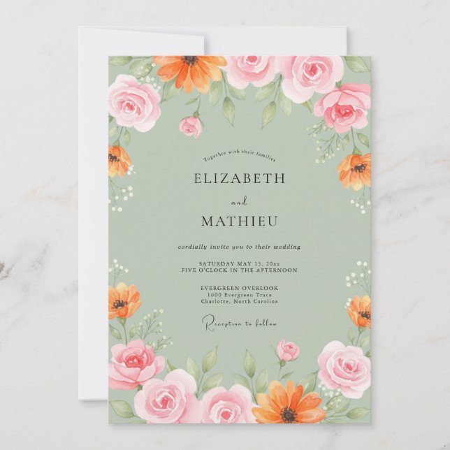 Invitación Boda Pintada con Suave Melocotón y Menta (Anverso)