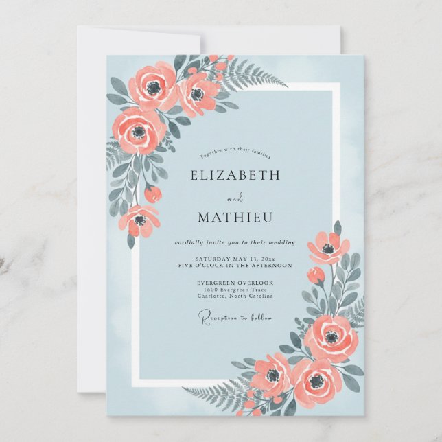 Invitación Boda Pintada Coral Azul (Anverso)