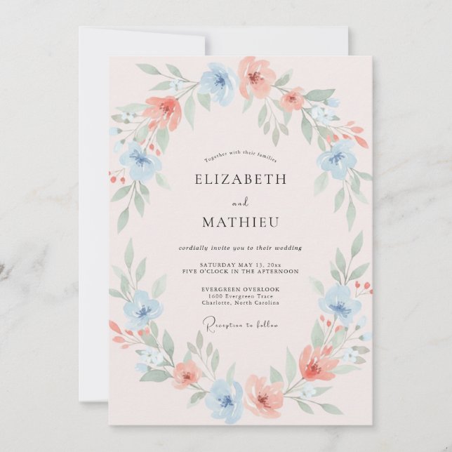 Invitación Boda Pintada Coral Azul Rubor (Anverso)