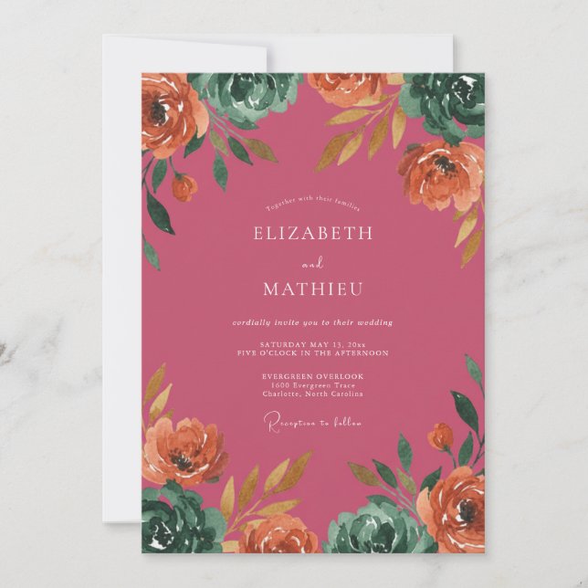 Invitación Boda Pintada Coral de Frambuesa (Anverso)