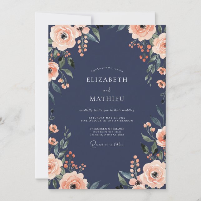Invitación Boda Pintada Coral de Medianoche (Anverso)
