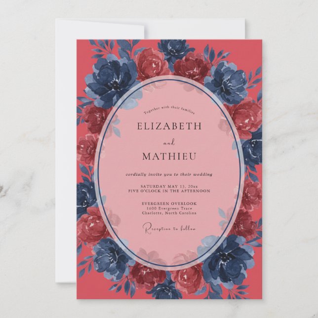 Invitación Boda Pintada Coral Índigo (Anverso)