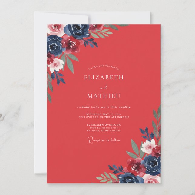Invitación Boda Pintada Coral Índigo Rubor (Anverso)
