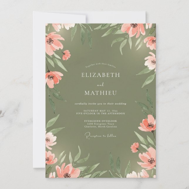 Invitación Boda Pintada Coral Oliva (Anverso)
