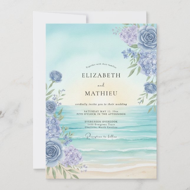 Invitación Boda Pintada de Aguamarina y Periwinkle (Anverso)