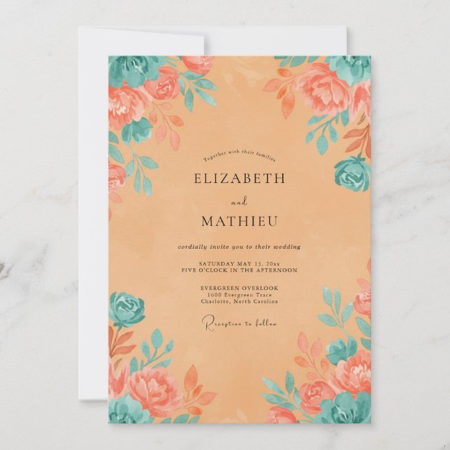 Invitación Boda Pintada de Albaricoque Turquesa (Anverso)