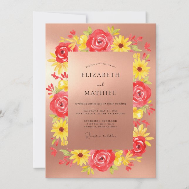 Invitación Boda Pintada de Amarillo Coral (Anverso)