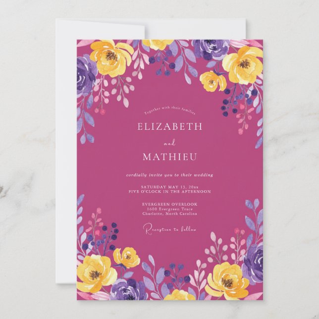 Invitación Boda Pintada de Amarillo Magenta Dorado (Anverso)