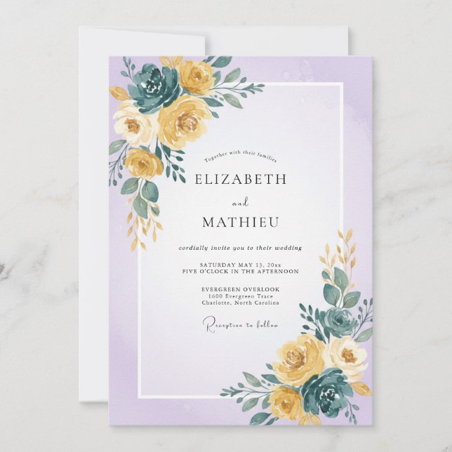 Invitación Boda Pintada de Amarillo y Turquesa (Anverso)
