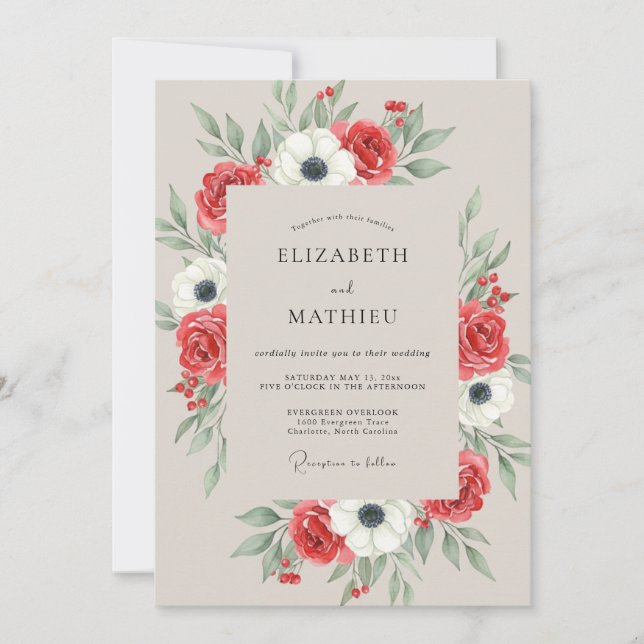 Invitación Boda Pintada de Anémona Carmesí (Anverso)