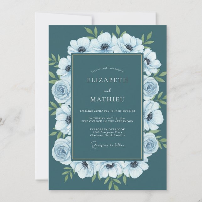 Invitación Boda Pintada de Anémona Verdeazulada (Anverso)