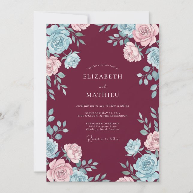 Invitación Boda Pintada de Aqua Granate (Anverso)