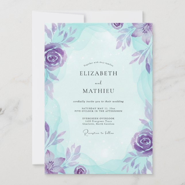 Invitación Boda Pintada de Aqua Violeta (Anverso)