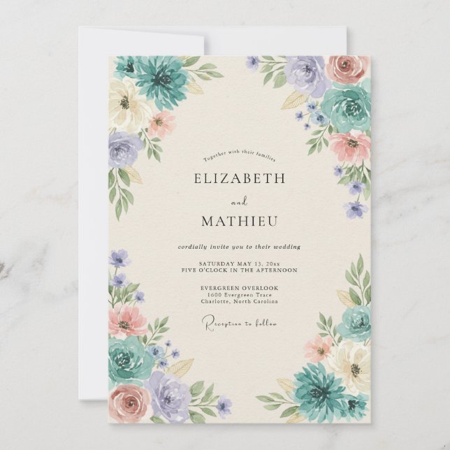 Invitación Boda Pintada de Aquamarina y Periwinkle (Anverso)