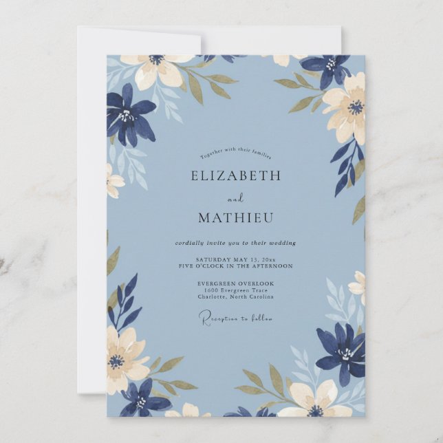Invitación Boda Pintada de Azul Acero Marina (Anverso)