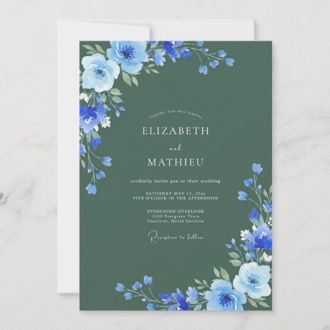 Invitación Boda Pintada de Azul Azure y Salvia (Anverso)