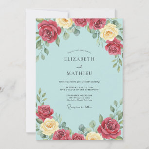 Invitación Boda Pintada de Azul Burgundy Amarillo