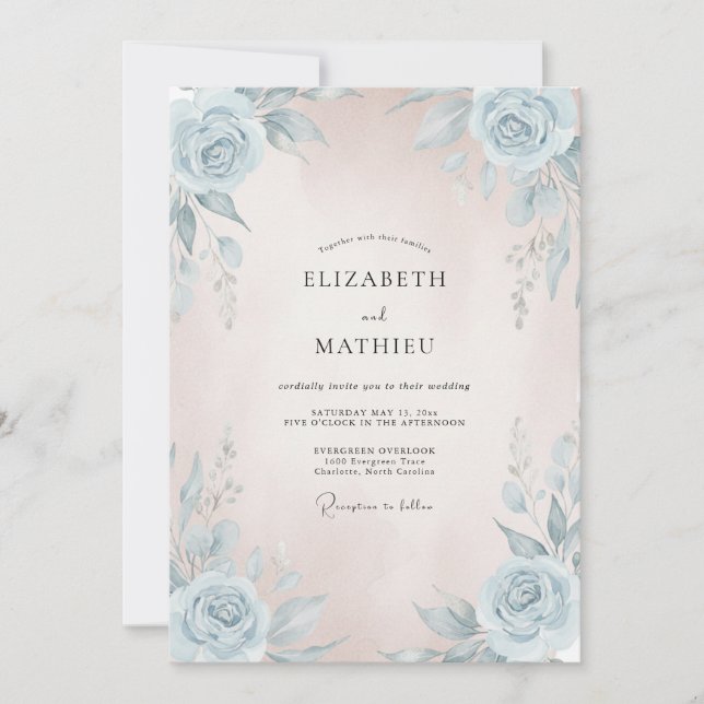 Invitación Boda pintada de azul celeste con toque rosado (Anverso)
