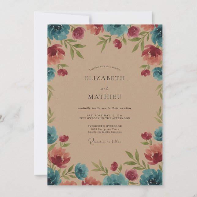 Invitación Boda Pintada de Azul Celeste y Magenta (Anverso)