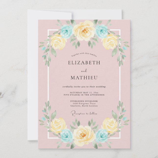 Invitación Boda Pintada de Azul Cielo y Rubor Mantequilla (Anverso)