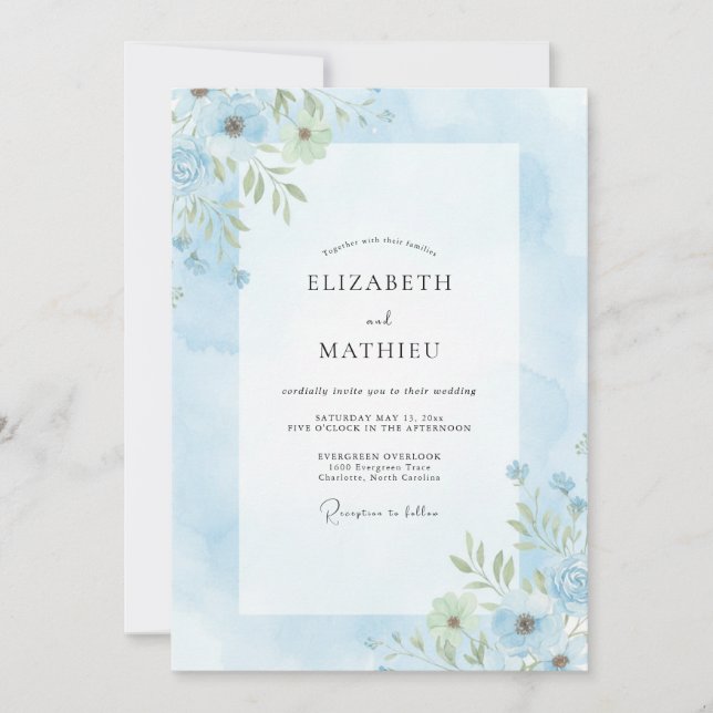Invitación Boda Pintada de Azul Polvo Polvoriento (Anverso)