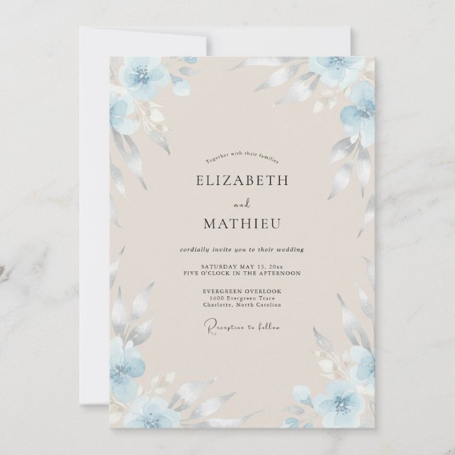 Invitación Boda Pintada de Azul Polvo y Champán (Anverso)