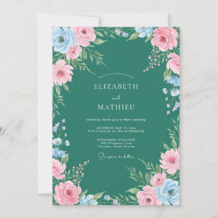 Invitación Boda Pintada de Azul Turquesa y Rosa