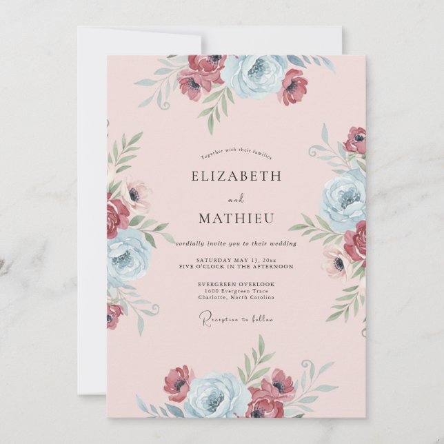 Invitación Boda Pintada de Azul y Borgoña (Anverso)