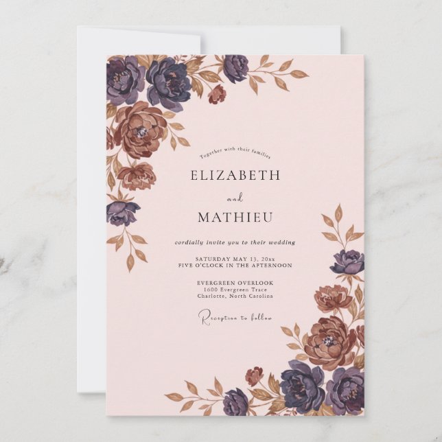Invitación Boda Pintada de Berenjena Cobre (Anverso)