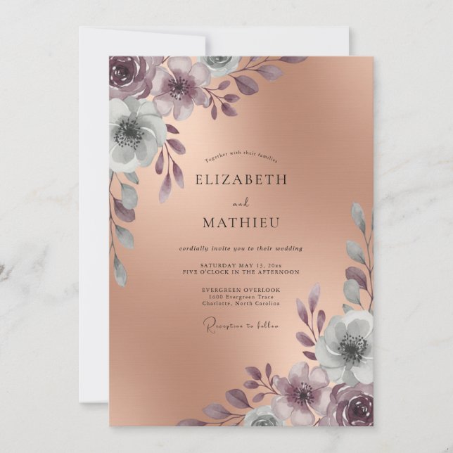 Invitación Boda Pintada de Bronce Malva (Anverso)
