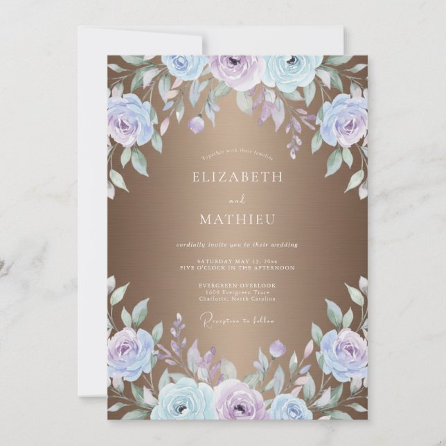 Invitación Boda Pintada de Bronce y Periwinkle (Anverso)