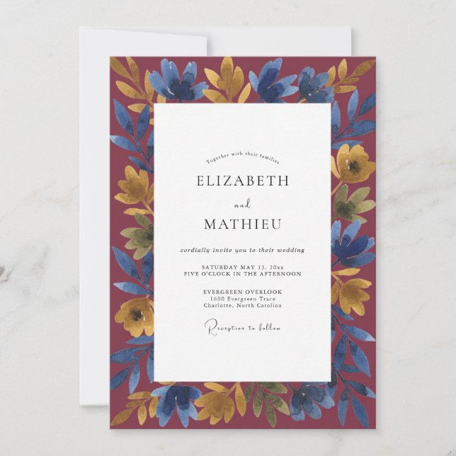 Invitación Boda Pintada de Burgundy Índigo (Anverso)