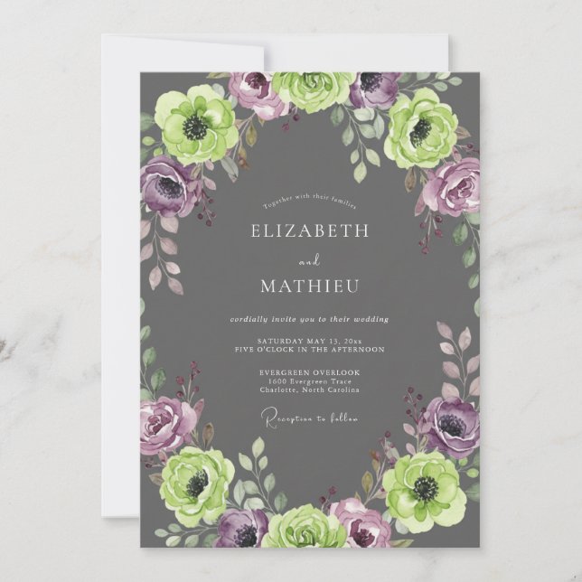Invitación Boda Pintada de Carbón, Malva y Lima (Anverso)