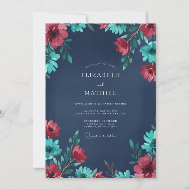 Invitación Boda Pintada de Carmesí y Verde Teal (Anverso)