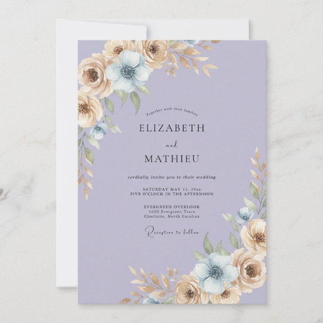 Invitación Boda Pintada de Champagne y Lavanda (Anverso)
