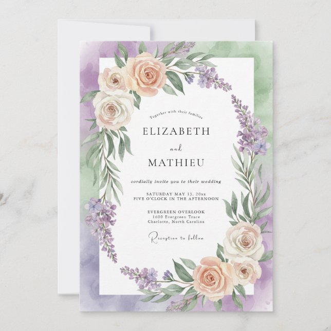 Invitación Boda Pintada de Champagne y Lila (Anverso)