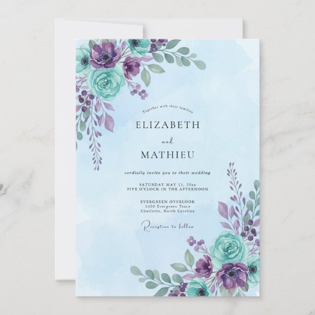 Invitación Boda Pintada de Cian y Amatista (Anverso)
