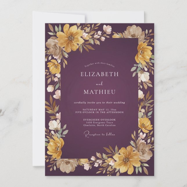Invitación Boda Pintada de Ciruela Dorada Profunda (Anverso)