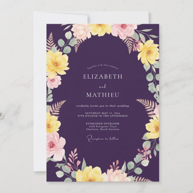 Invitación Boda Pintada de Ciruela Profunda y Amarillo (Anverso)