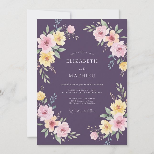 Invitación Boda Pintada de Ciruela Rosa Amarillo (Anverso)