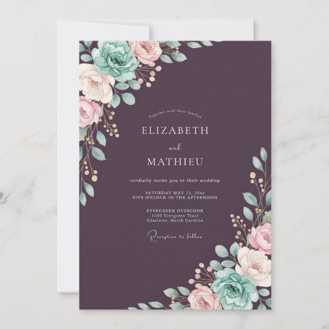 Invitación Boda Pintada de Ciruela Verde Teal (Anverso)