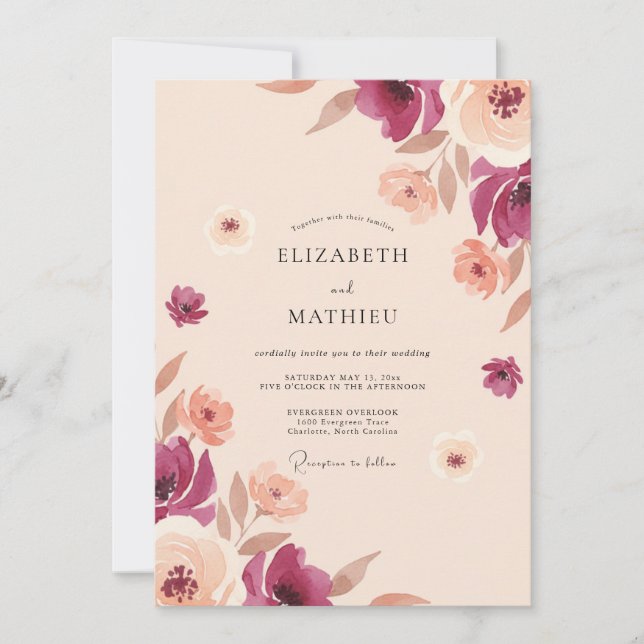 Invitación Boda Pintada de Ciruela y Melocotón (Anverso)